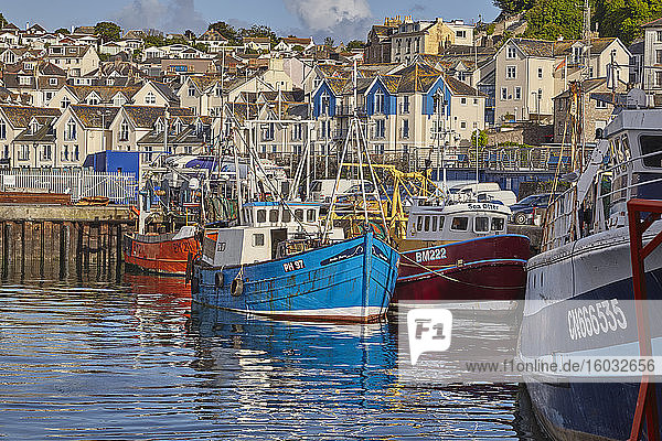 Im Hafen von Brixham  dem geschäftigsten Fischereihafen der Südküste  in Torbay an der Südküste Devons festgemachte Fischerboote  Brixham  Devon  England  Vereinigtes Königreich  Europa