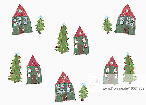 Kinder zeichnen Haus und Weihnachtsbaummuster auf weißem Hintergrund