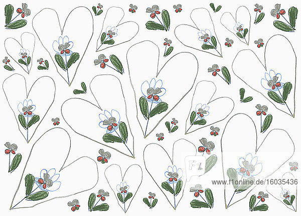 Herz- und Blumenmuster auf weißem Hintergrund