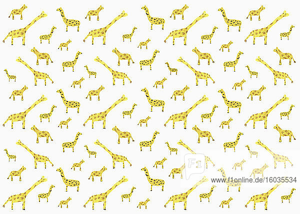 Kinder zeichnen winzige gelbe Giraffenmuster auf weißem Hintergrund