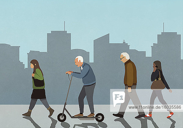 Älterer Mann fährt motorisierten Roller in der Stadt