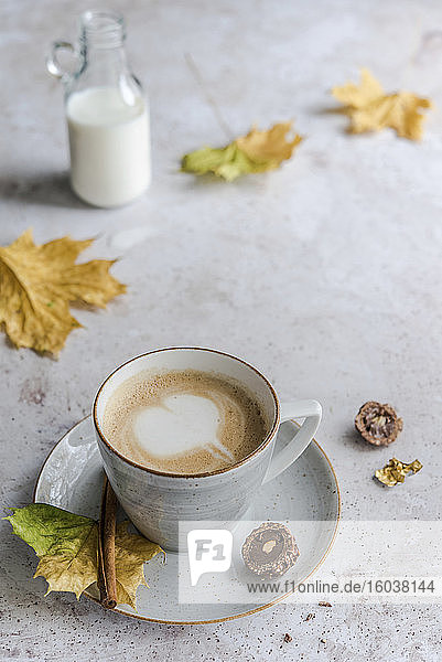 Cappuccino mit Michschaumherz umgeben von Herbstblättern