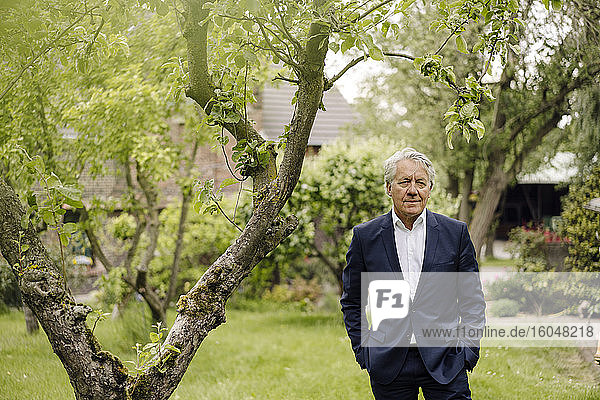 Portrait of a confident senior businessman standing at a tree in a rural garden