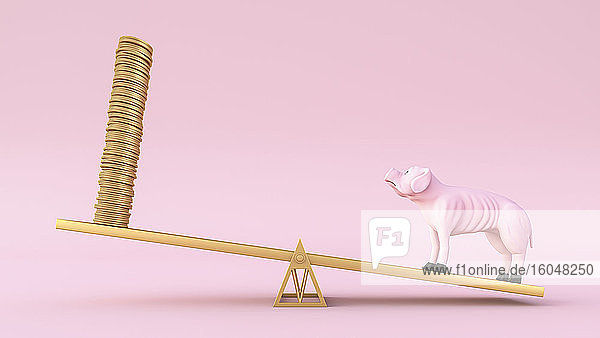 Dreidimensionales Rendering eines mageren  unterernährten Sparschweins  das auf einer Wippe gegen einen Stapel Goldmünzen steht