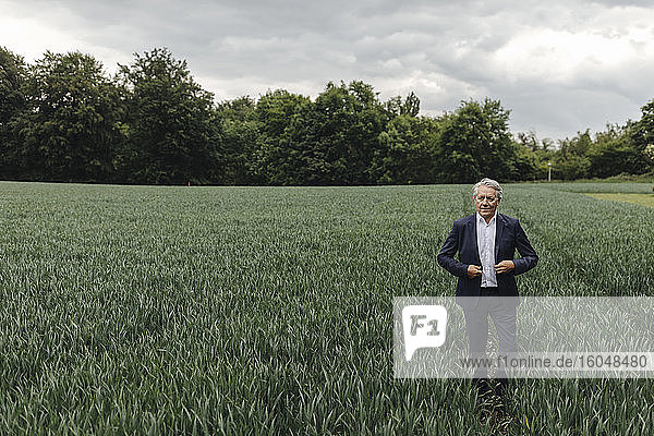 Älterer Geschäftsmann auf einem Feld auf dem Lande