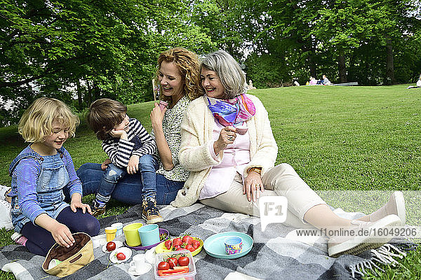 Glückliche Familie in der dritten Generation beim Picknick im öffentlichen Park