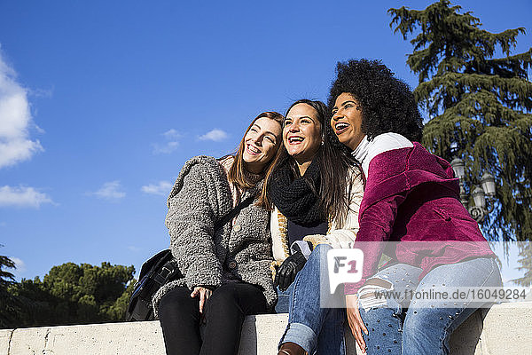 Cheerful female friends looking away while sitting on retaining wall against blue sky in park