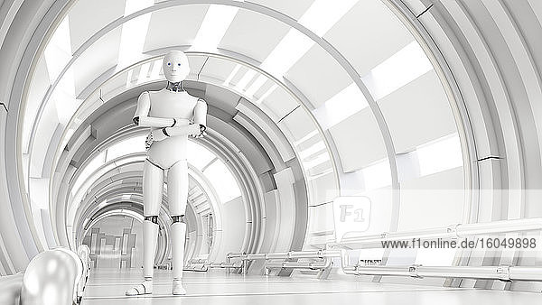 Dreidimensionales Rendering eines Androiden  der mit verschränkten Armen in einem weißen  hellen Korridor steht