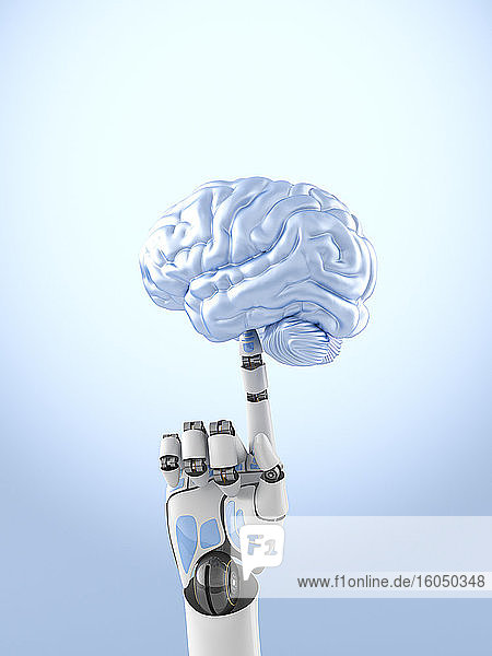 Dreidimensionale Darstellung eines Roboterarms  der ein menschliches Gehirn auf einem Finger balanciert