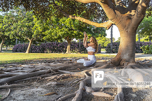 Reife Frau  die auf Wurzeln im Park sitzt und meditiert