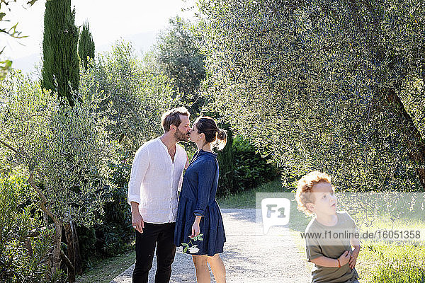 Eltern küssen sich  während ein süßer Junge im Olivenhain spielt