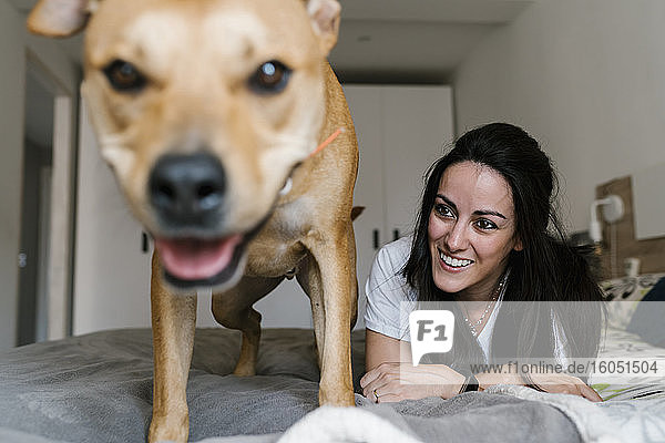 Lächelnde Frau sieht ihren Hund an  während sie zu Hause auf dem Bett liegt