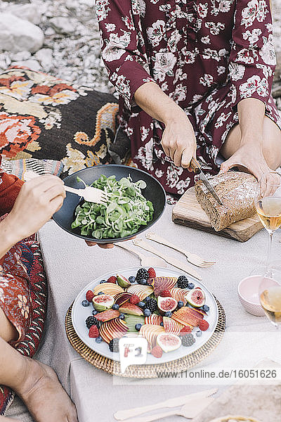 Woman cutting bread while friend holding salad in picnic