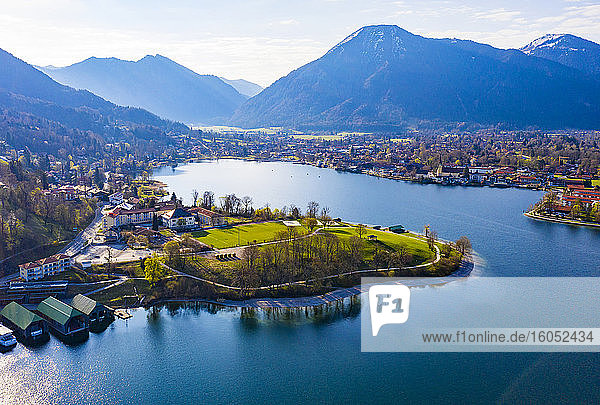 Germany  Bavaria  Rottach-Egern  Drone view of town on shore of Tegernsee