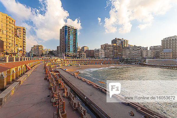 Egypt  Alexandria  Cityscape with Stanley beach at sunset
