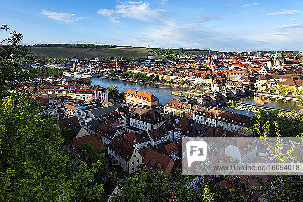 Germany  Franconia  Bavaria  Wuerzburg  View of old town with Old Main Bridge on Main river