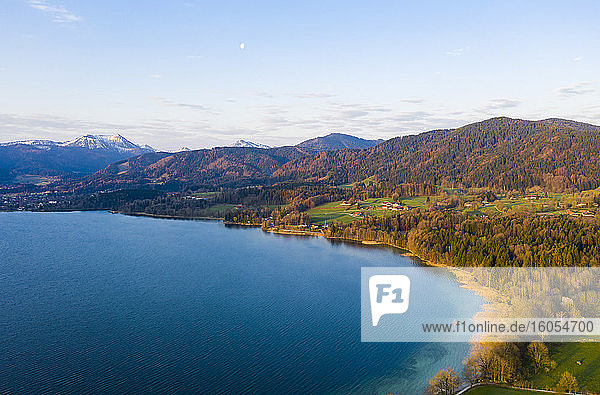 Germany  Bavaria  Gmund am Tegernsee  Drone view of forested shore of Tegernsee