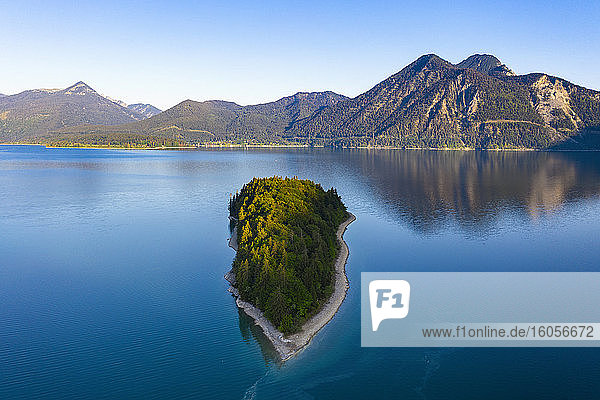 Germany  Bavaria  Kochel am See  Drone view of Lake Walchen and Sassau islet