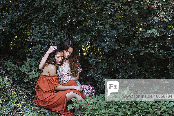 Zwei schöne Frauen sitzen in der Natur und umarmen sich