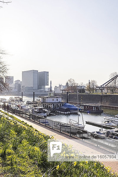 Deutschland  Nordrhein-Westfalen  Düsseldorf  Klarer Himmel über den im Medienhafen vertäuten Booten im Frühling