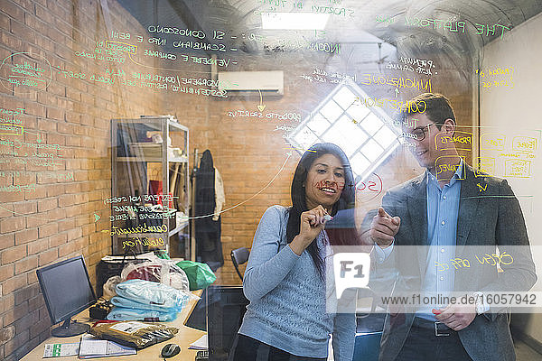Geschäftsmann und Frau beim Brainstorming mit Notizen auf einer Glasscheibe im Büro