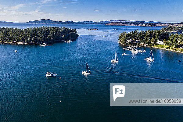 USA  Washington  Aerial view of yachts sailing in San Juan Islands archipelago