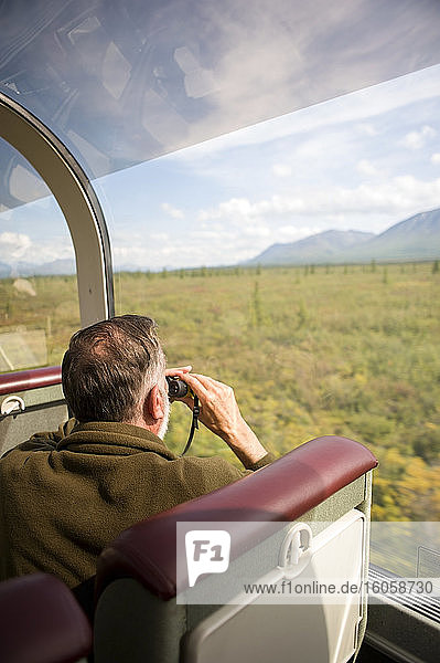 Person  die aus dem Fenster schaut  während sie mit dem Alaska-Eisenbahnzug auf dem Weg zum Denali-Nationalpark fährt.