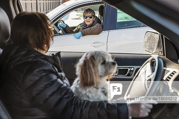 Zwei Frauen treffen sich während der Covid-19-Weltpandemie in der Nachbarschaft  wobei sie sich auf der Straße von ihren Fahrzeugen entfernen; St. Albert  Alberta  Kanada