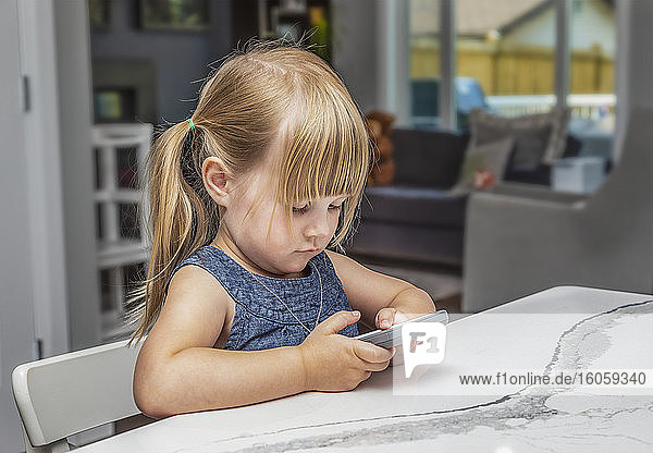 A young girl playing with her smart phone while sitting at a table in her kitchen: Edmonton  Alberta  Canada