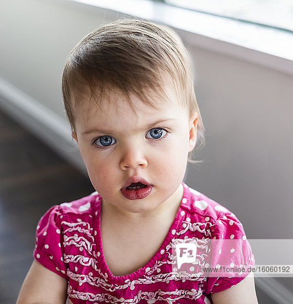 Portrait of a baby girl with blond hair and blue eyes; Vancouver  British Columbia  Canada