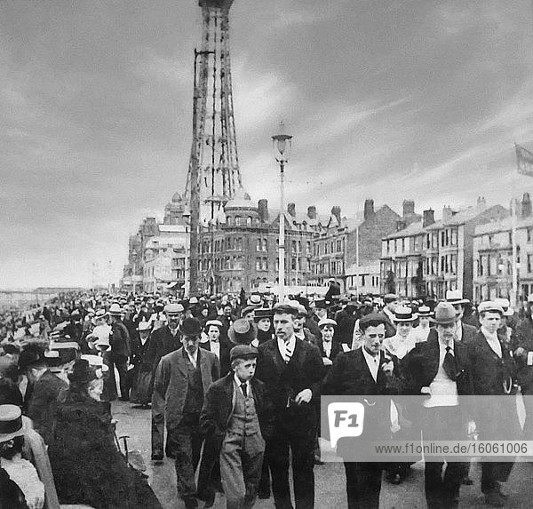 Edwardian street with Blackpool tower crowds of people