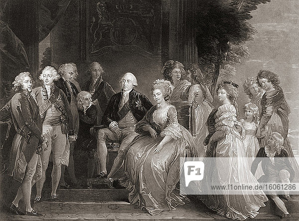 König Georg III. und seine Familie. Nach einem 1787 datierten Gemälde von Thomas Stothard. König Georg III. von England  1738 -1820.