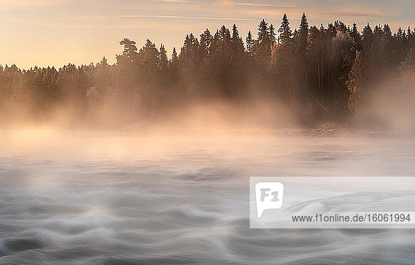 Herbstliche Stimmung mit Nebel am Fluß im Abendlicht  Gällivare  Norrbottens län  Schweden  Europa