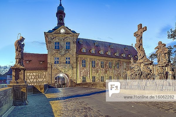 Historical town hall with bridge and statues  illuminated  Bamberg  Germany  Europe