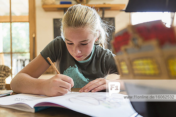 12-jähriges Mädchen zeichnet zu Hause im Skizzenblock