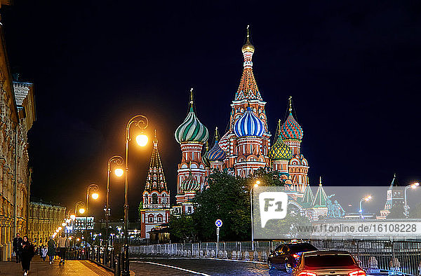 Moscow. from the exit street of Red Square  view of the colorful cathedral of St.Basil illuminated at night Moscow