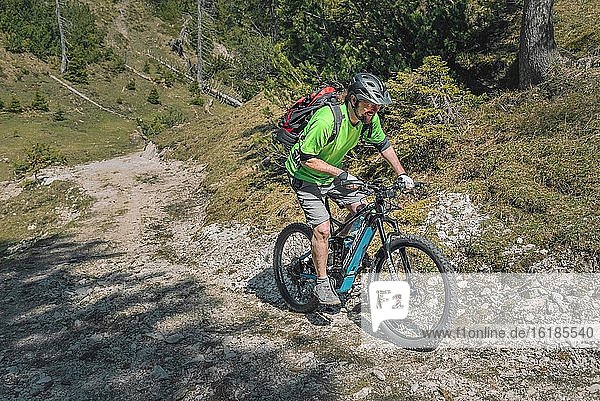 Mountain biker rides with eMTB on a cart track in the mountain forest downhill  Rofangebirge  Steinberg am Rofan  Tyrol  Austria  Europe