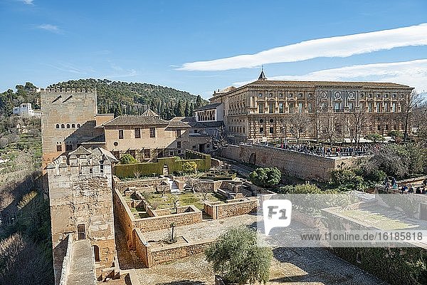 Blick über Festung Alcazaba  hinten Palacio de Carlos V  Alhambra  Granada  Andalusien  Spanien  Europa