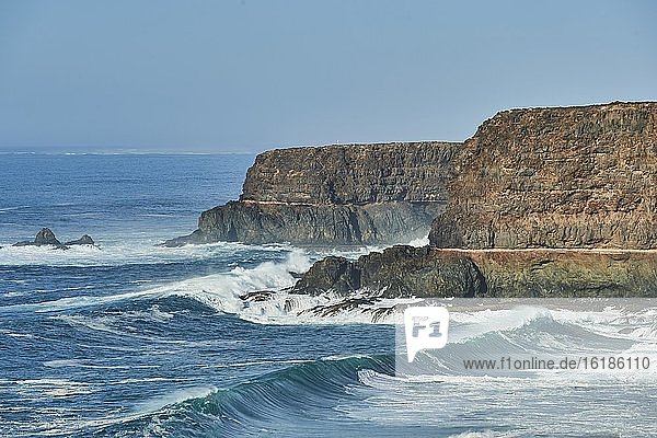 Steep coast  cliffs  beach of La Huesilla  Fuerteventura  Canary Islands  Spain  Europe