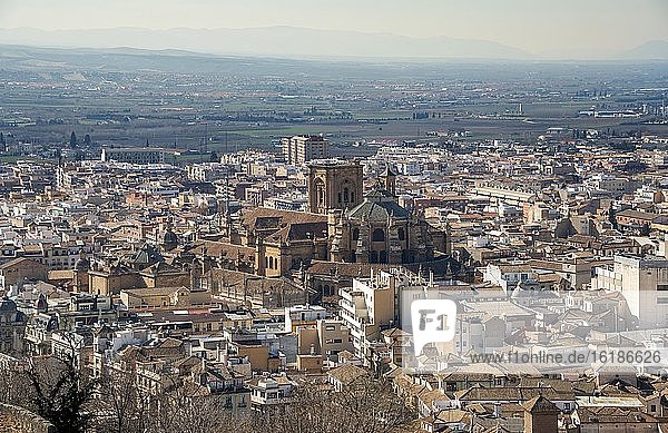 Ausblick von der Alhambra auf die Kathedrale von Granada  Granada  Andalusien  Spanien  Europa