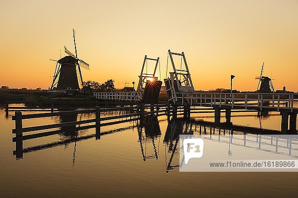 Windmühlen bei Sonnenuntergang  Kinderdijk  UNESCO Weltkulturerbe  Südholland  Niederlande  Europa