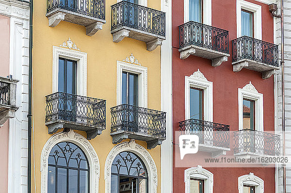 Windows and balconies detail, Piazza Grande, Locarno, Locarno District, Ticino, Switzerland