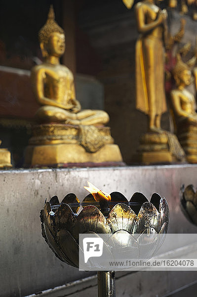 Brennende Öllampe vor den Buddha-Statuen im Wat Suthep  Chiang Mai  Thailand