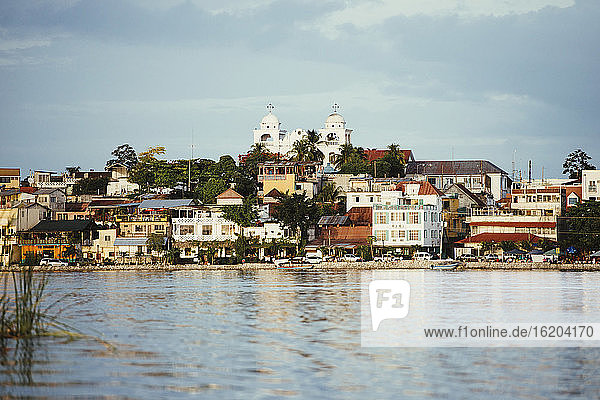 View of harbor and town, Flores, Guatemala, Central America