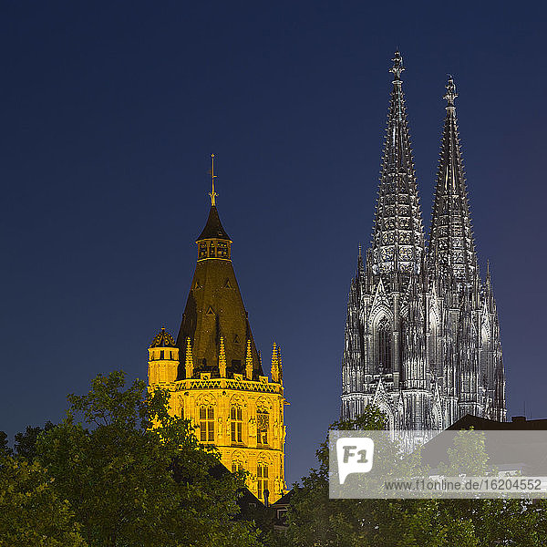 Die Türme der Großen Martinskirche und des Kölner Doms bei Nacht  Köln  Deutschland