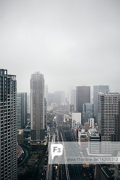 Dense high-rise buildings in city, Tokyo, Japan
