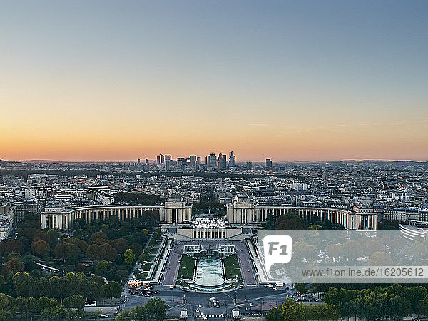 Palais de Chaillot and financial district viewed from Eiffel Tower, Paris, France