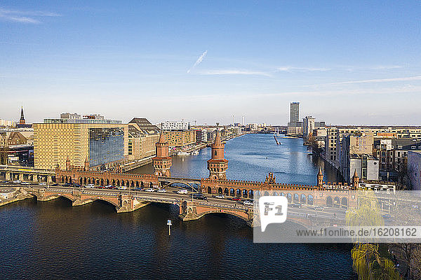 View from above of Oberbaum bridge  Spree River and Treptower park in the background  Berlin  Germany  Europe