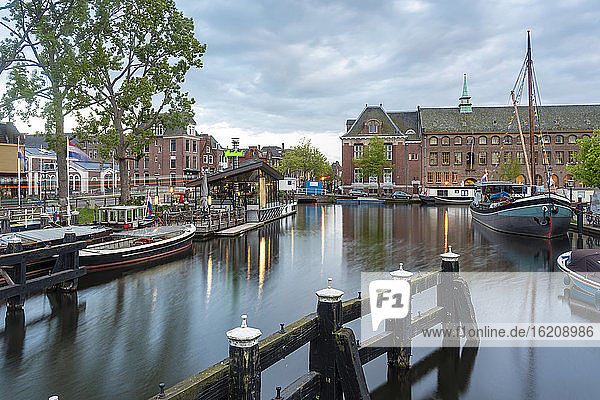 Netherlands  South Holland  Leiden  Boats moored in old harbor by Galgewater