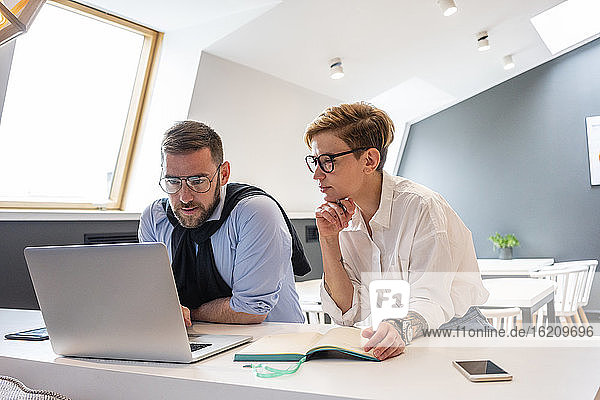 Selbstbewusste männliche und weibliche Unternehmer schauen auf ihren Laptop  während sie im Büro ihre Strategie planen